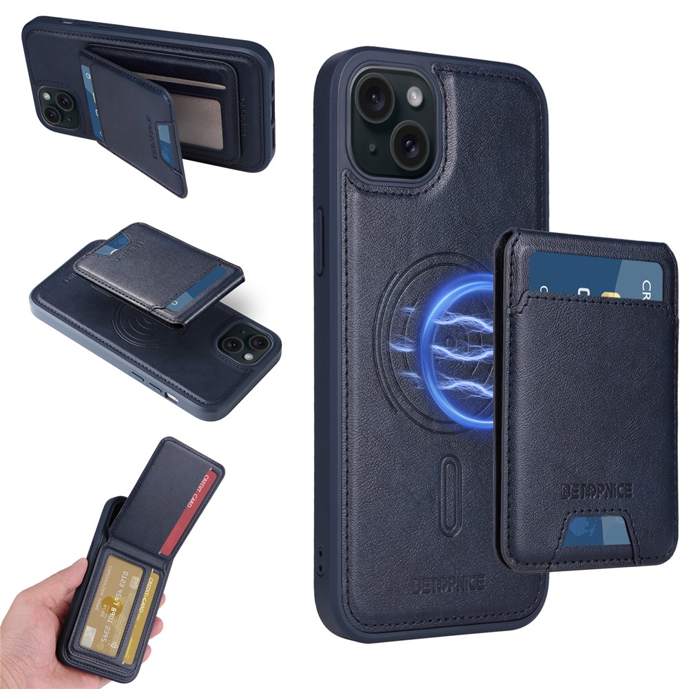 For iPhone 15 Plus Magnetic Case BETOPNICE RFID Blocking Leather Phone Back Cover with Detachable Card Bag - Blue