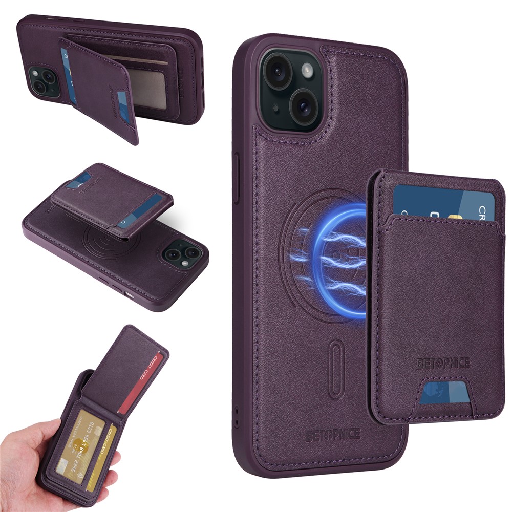 For iPhone 15 Plus Magnetic Case BETOPNICE RFID Blocking Leather Phone Back Cover with Detachable Card Bag - Purple