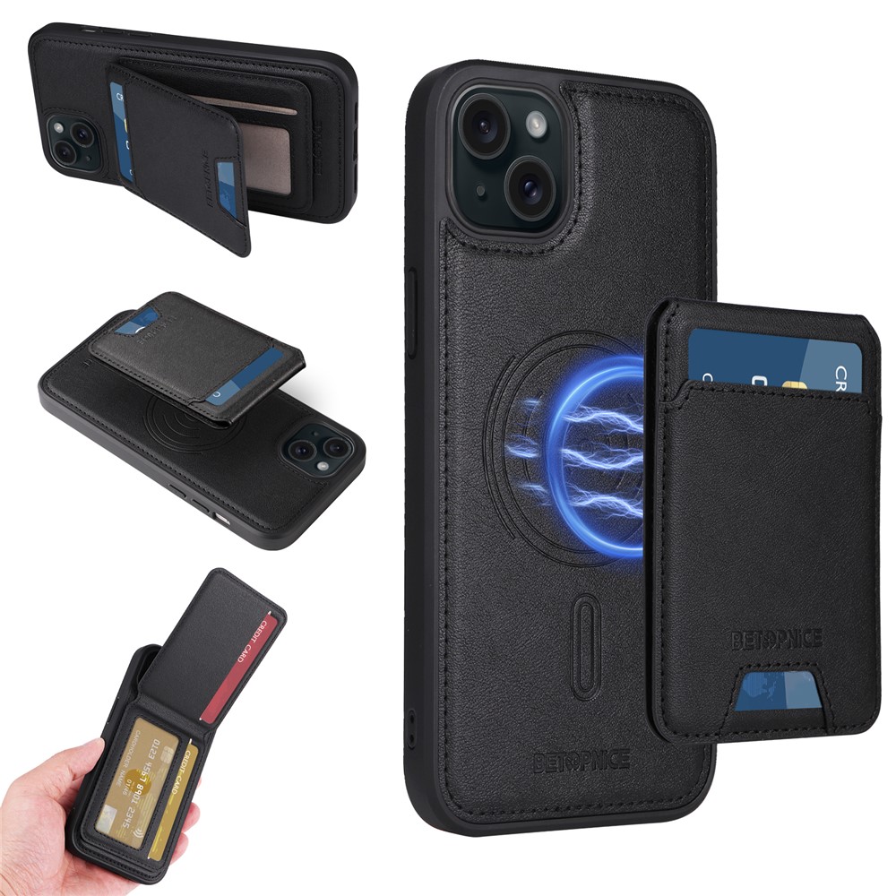For iPhone 15 Plus Magnetic Case BETOPNICE RFID Blocking Leather Phone Back Cover with Detachable Card Bag - Black