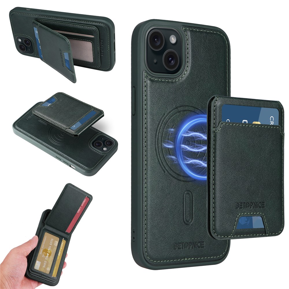 For iPhone 15 Plus Magnetic Case BETOPNICE RFID Blocking Leather Phone Back Cover with Detachable Card Bag - Green