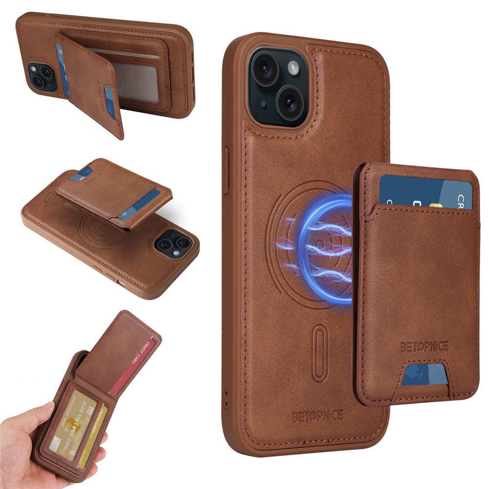 For iPhone 15 Plus Magnetic Case BETOPNICE RFID Blocking Leather Phone Back Cover with Detachable Card Bag - Brown