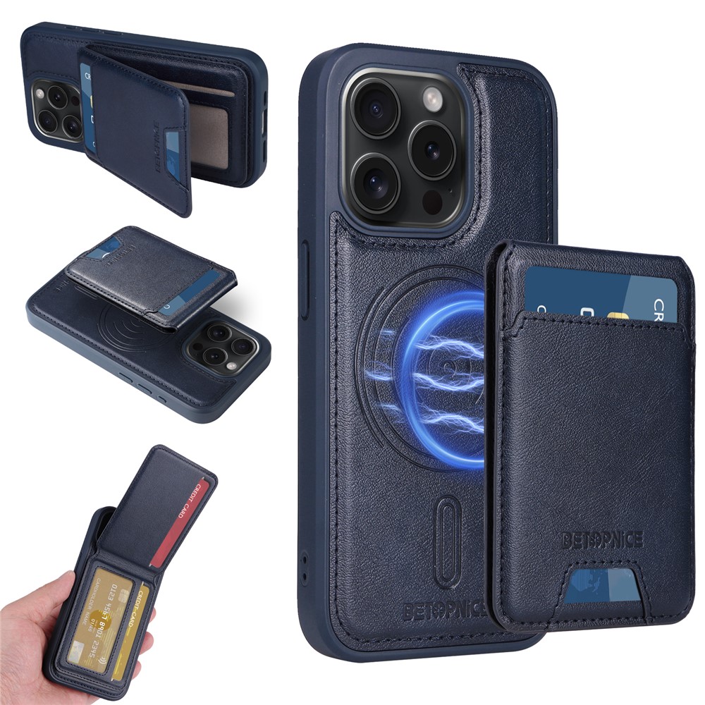 For iPhone 15 Pro Magnetic Case BETOPNICE RFID Blocking Leather Phone Back Cover with Detachable Card Bag - Blue