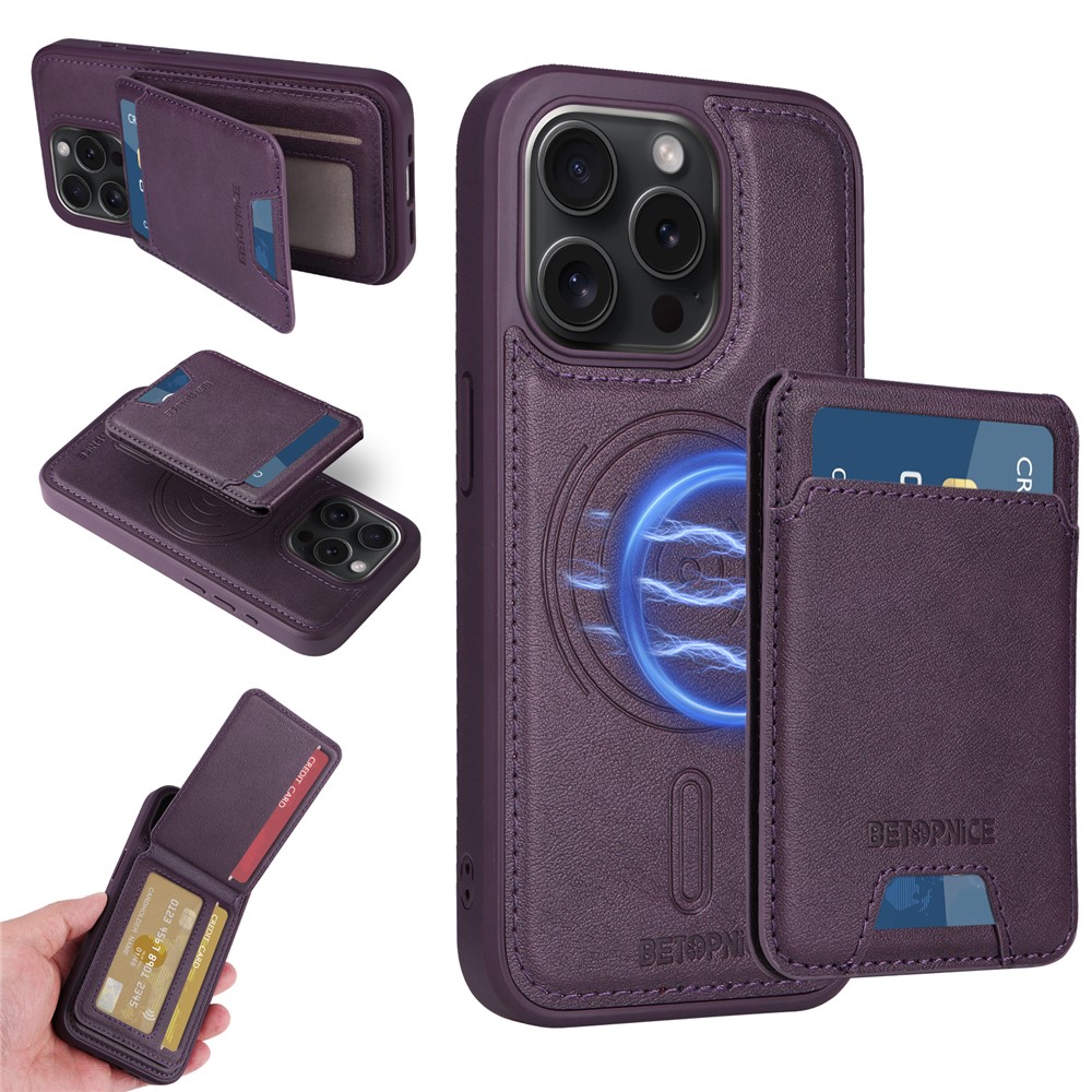For iPhone 15 Pro Magnetic Case BETOPNICE RFID Blocking Leather Phone Back Cover with Detachable Card Bag - Purple
