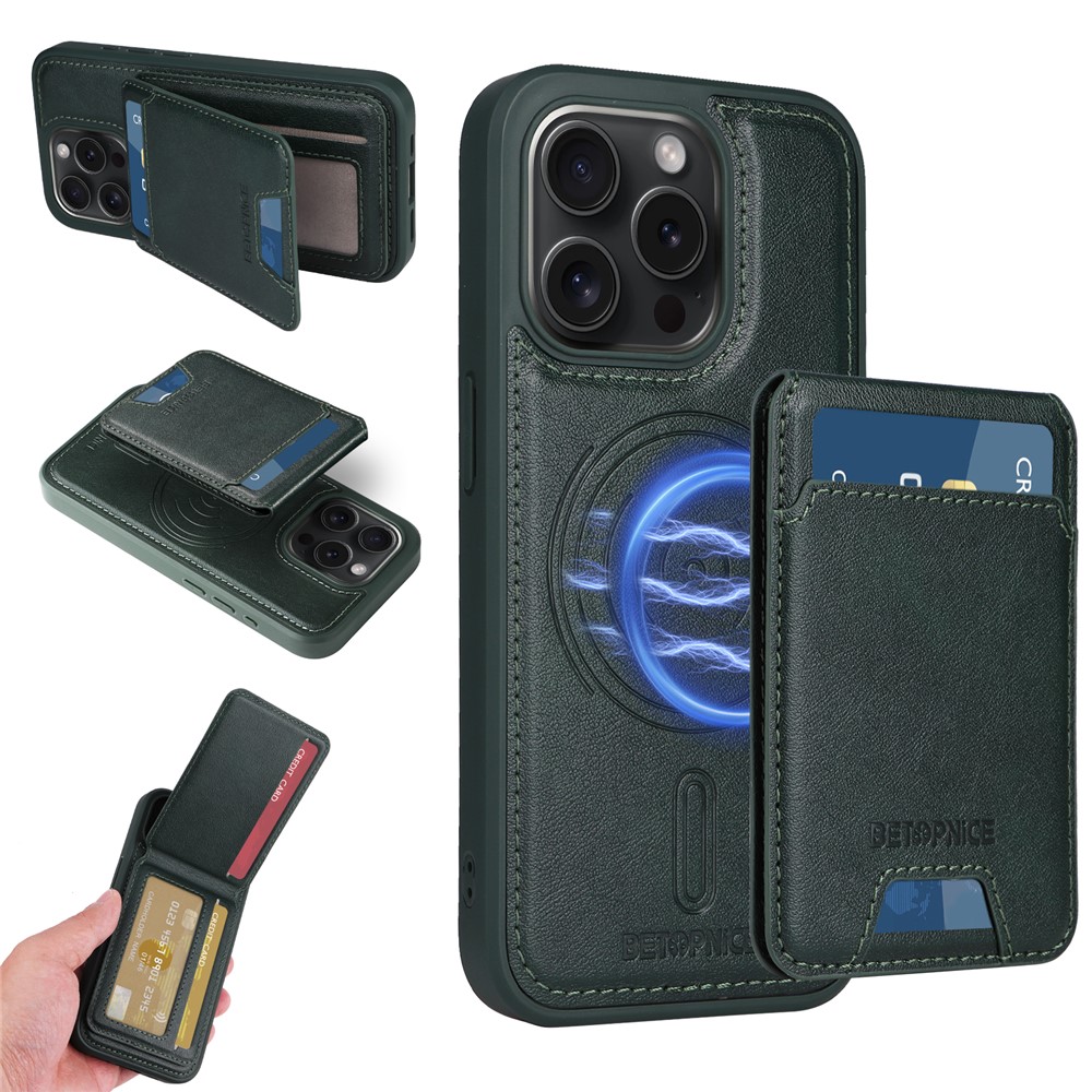 For iPhone 15 Pro Magnetic Case BETOPNICE RFID Blocking Leather Phone Back Cover with Detachable Card Bag - Green
