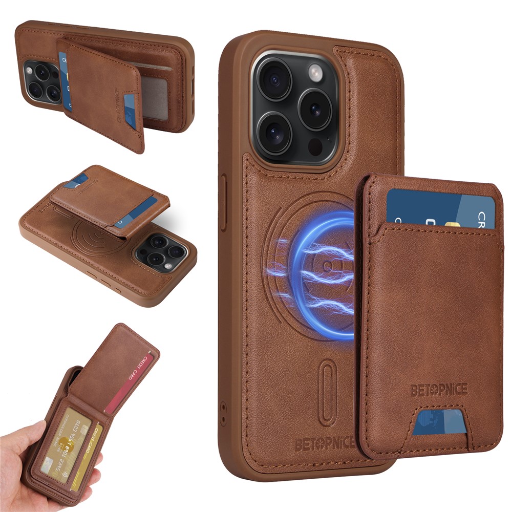 For iPhone 15 Pro Magnetic Case BETOPNICE RFID Blocking Leather Phone Back Cover with Detachable Card Bag - Brown