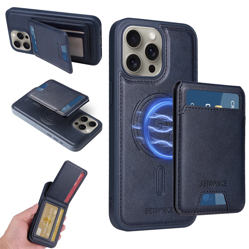 For iPhone 15 Pro Max Magnetic Case BETOPNICE RFID Blocking Leather Phone Back Cover with Detachable Card Bag - Blue