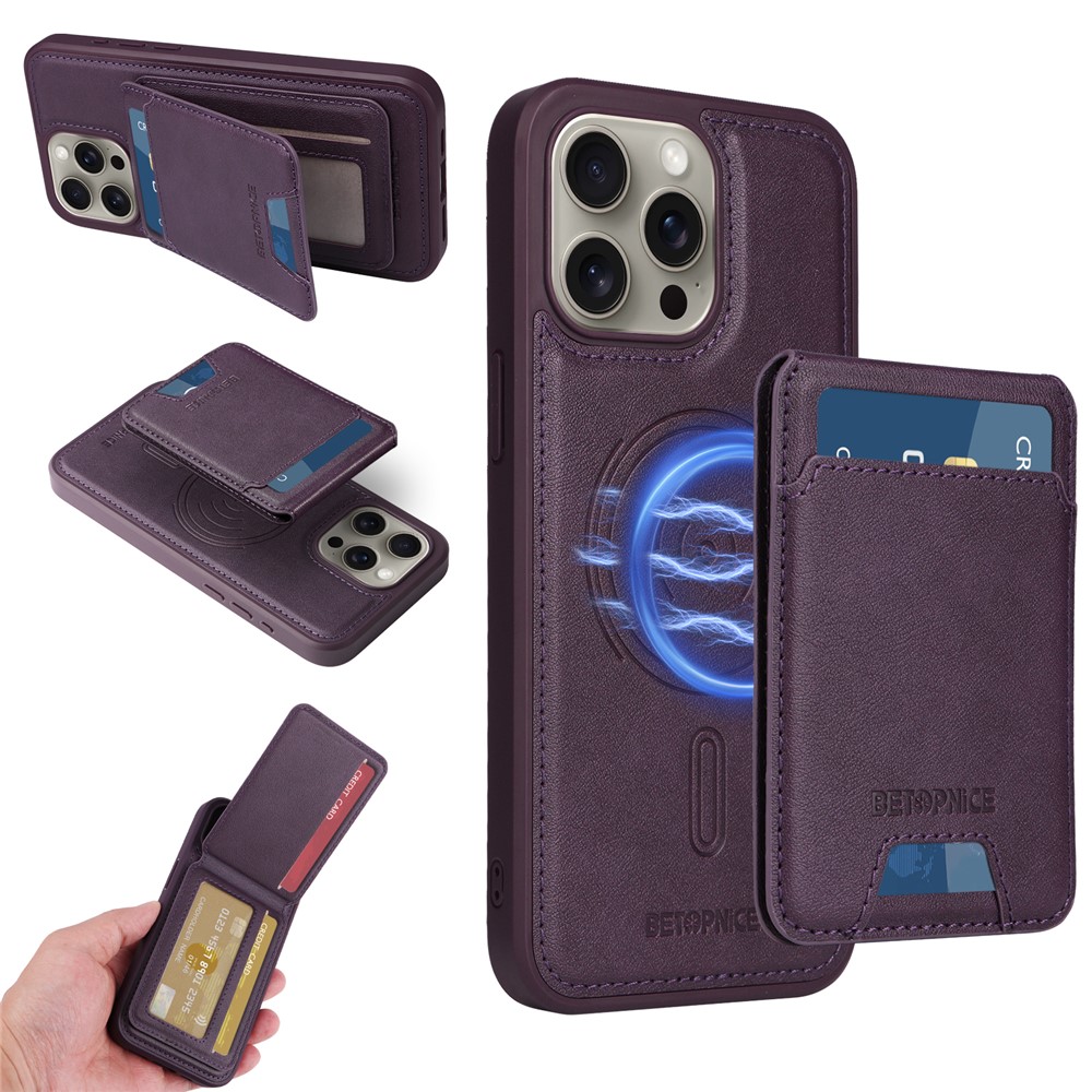 For iPhone 15 Pro Max Magnetic Case BETOPNICE RFID Blocking Leather Phone Back Cover with Detachable Card Bag - Purple