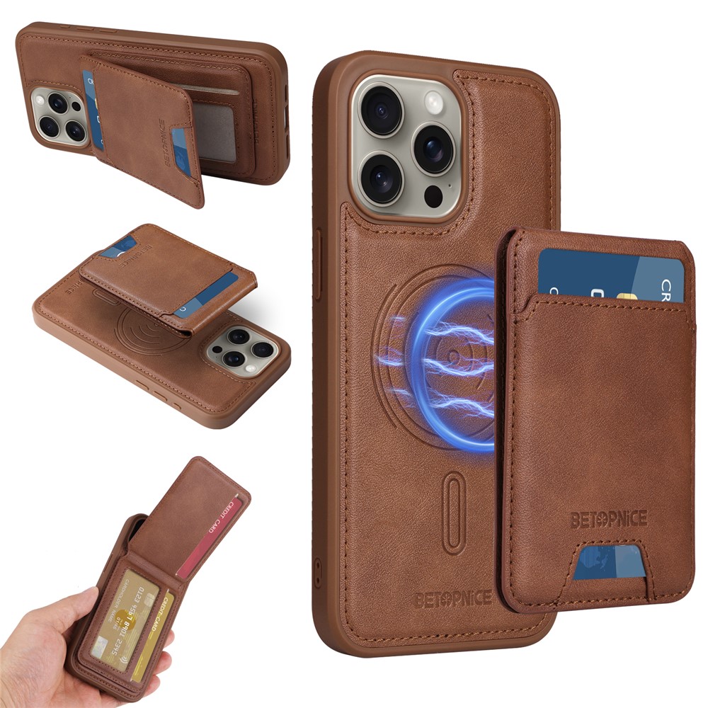 For iPhone 15 Pro Max Magnetic Case BETOPNICE RFID Blocking Leather Phone Back Cover with Detachable Card Bag - Brown