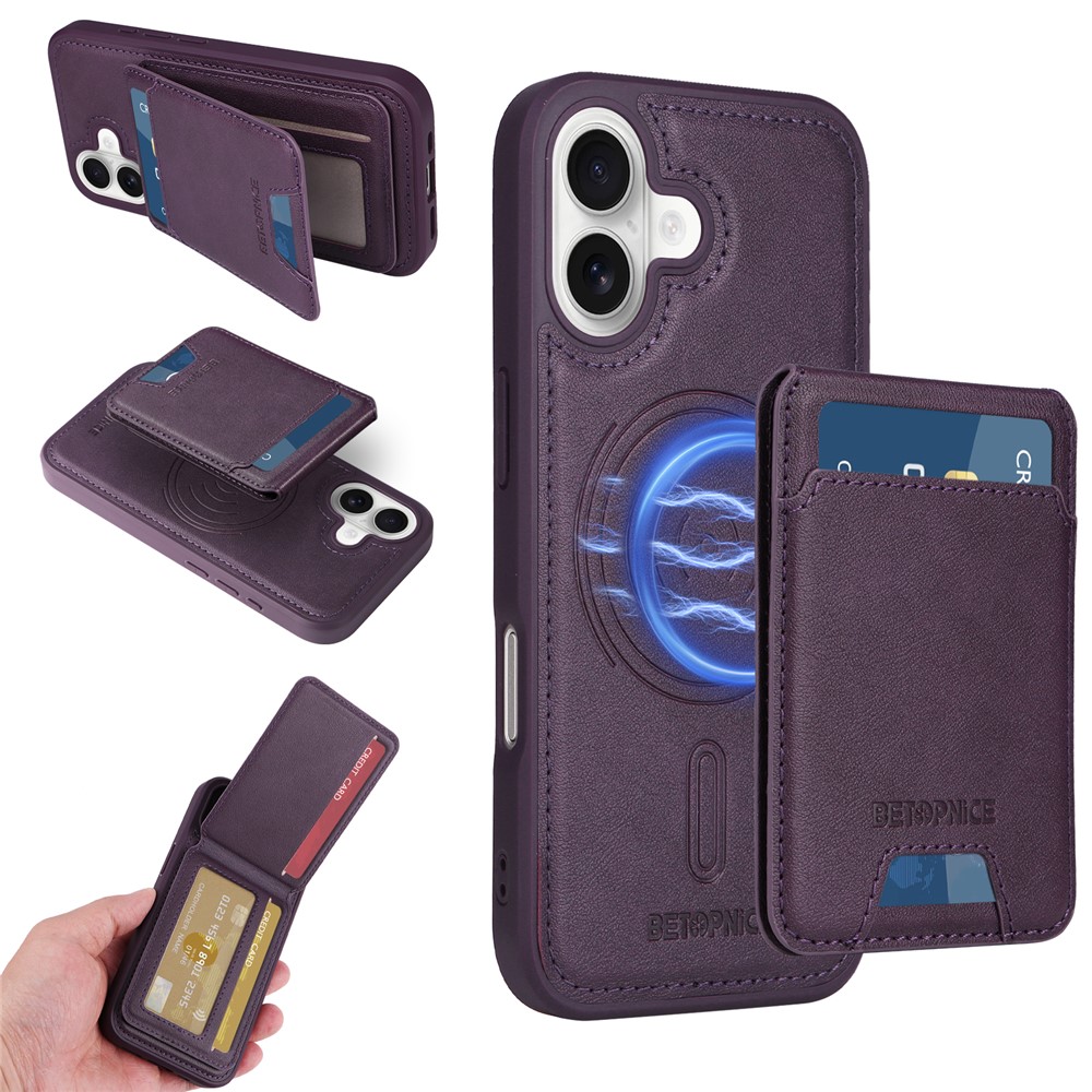 For iPhone 16 Magnetic Case BETOPNICE RFID Blocking Leather Phone Back Cover with Detachable Card Bag - Purple
