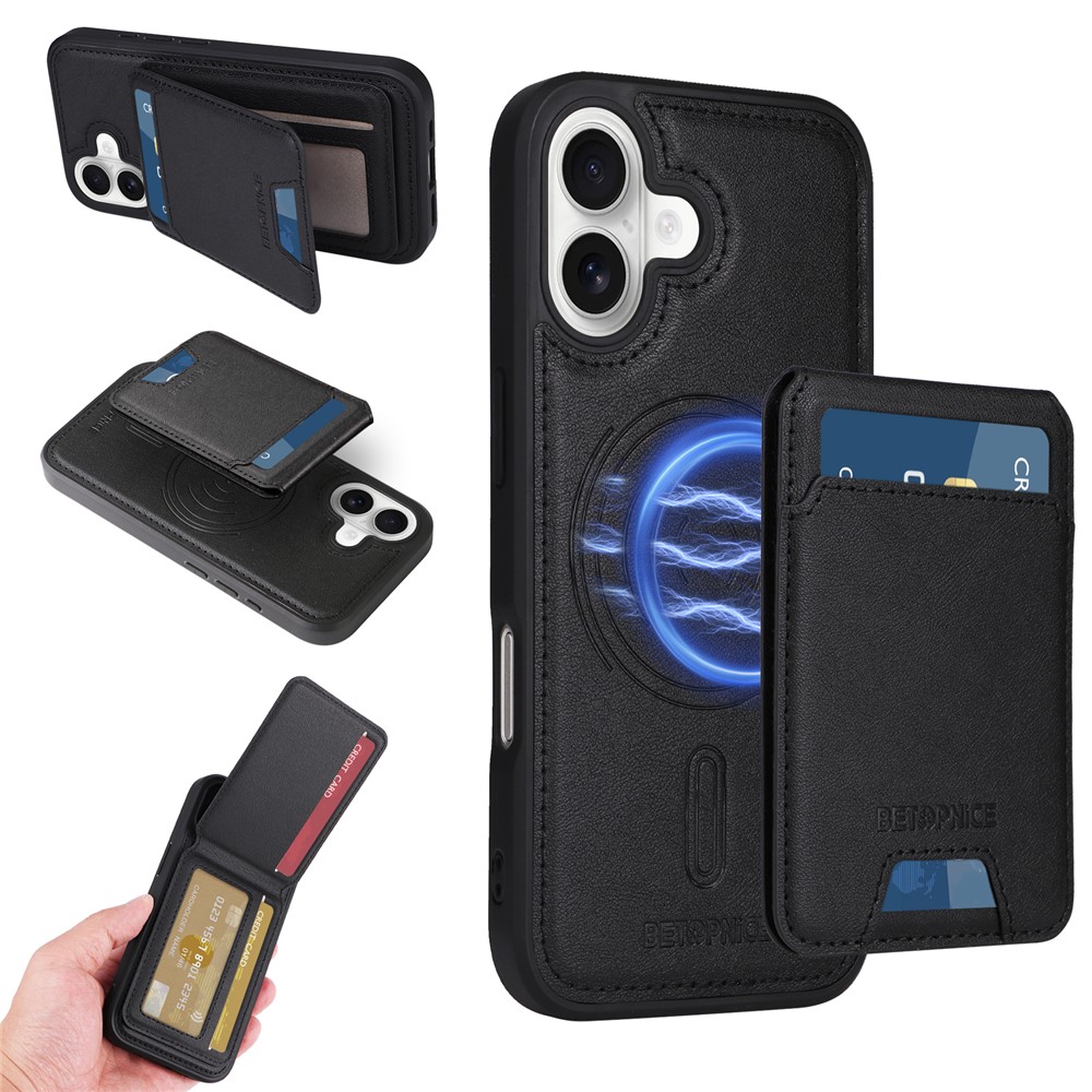For iPhone 16 Magnetic Case BETOPNICE RFID Blocking Leather Phone Back Cover with Detachable Card Bag - Black