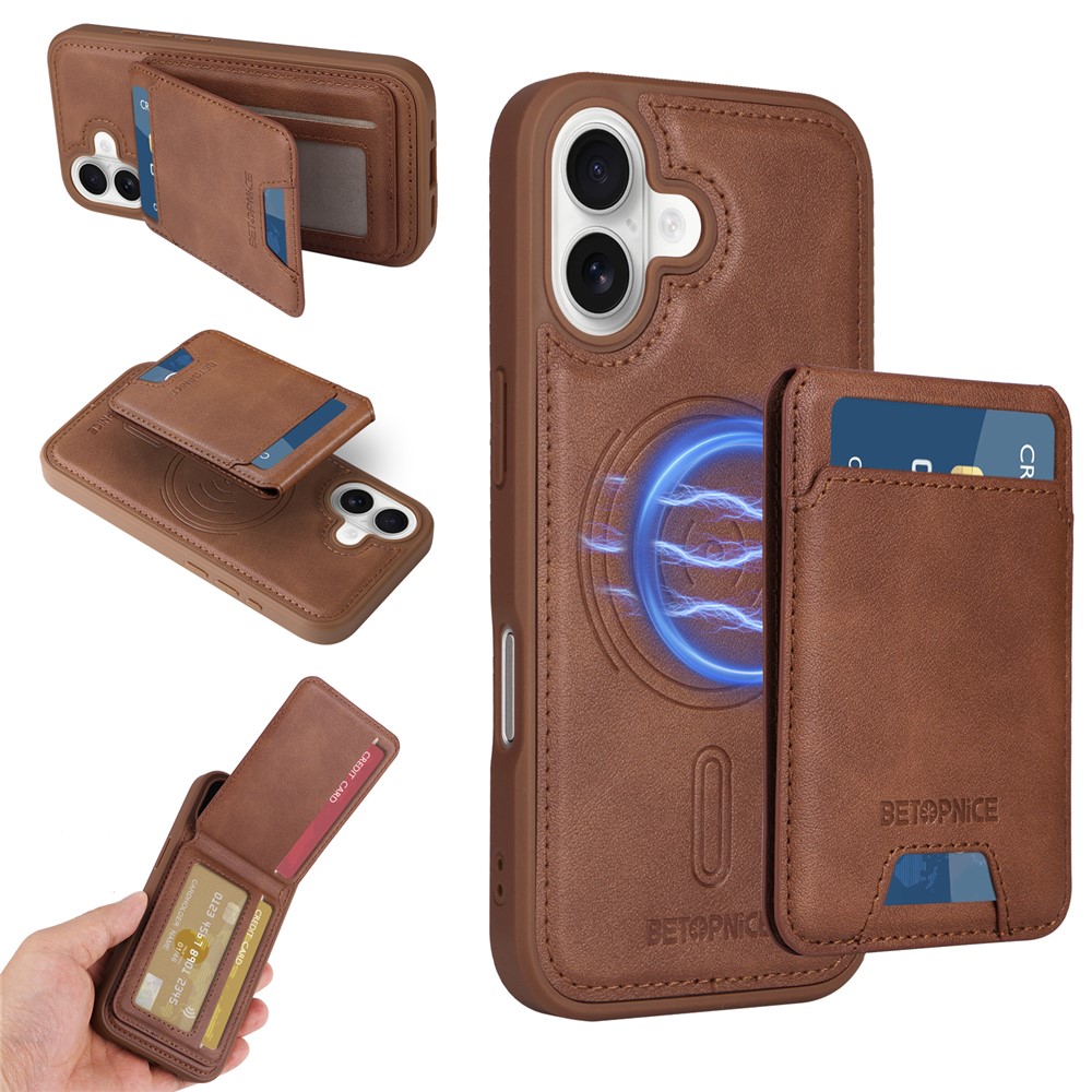 For iPhone 16 Magnetic Case BETOPNICE RFID Blocking Leather Phone Back Cover with Detachable Card Bag - Brown