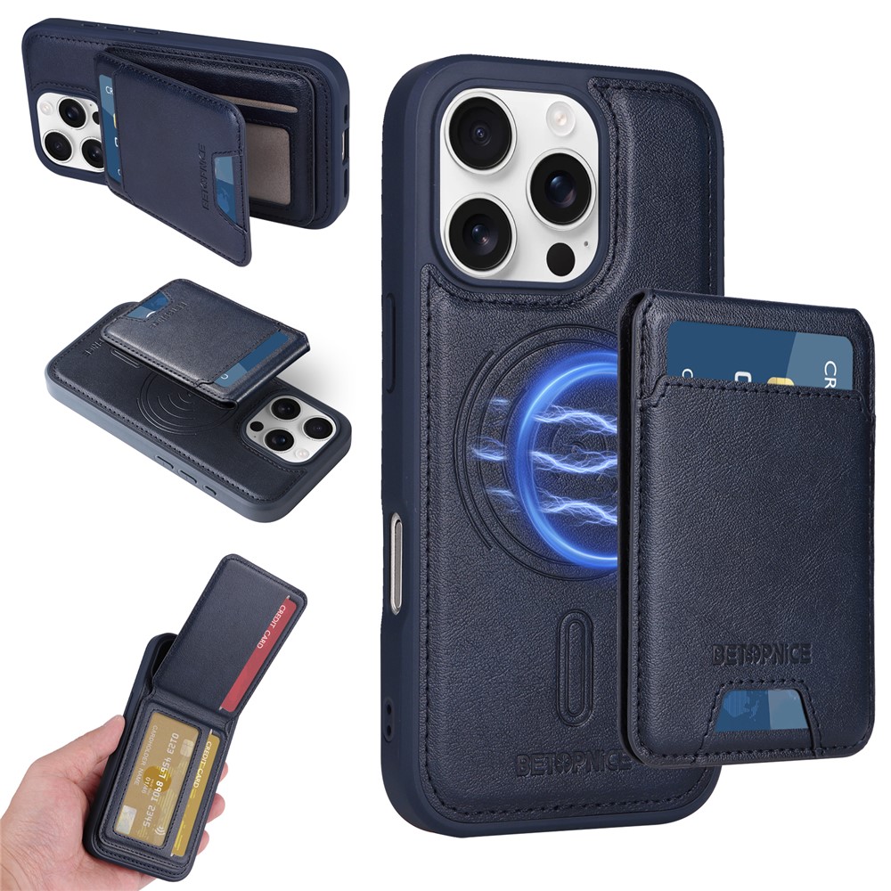 For iPhone 16 Pro Magnetic Case BETOPNICE RFID Blocking Leather Phone Back Cover with Detachable Card Bag - Blue