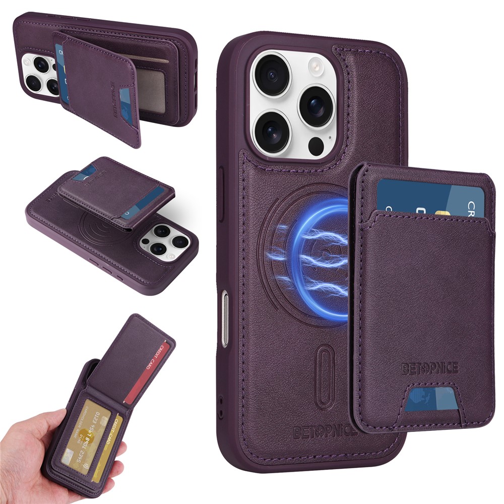 For iPhone 16 Pro Magnetic Case BETOPNICE RFID Blocking Leather Phone Back Cover with Detachable Card Bag - Purple