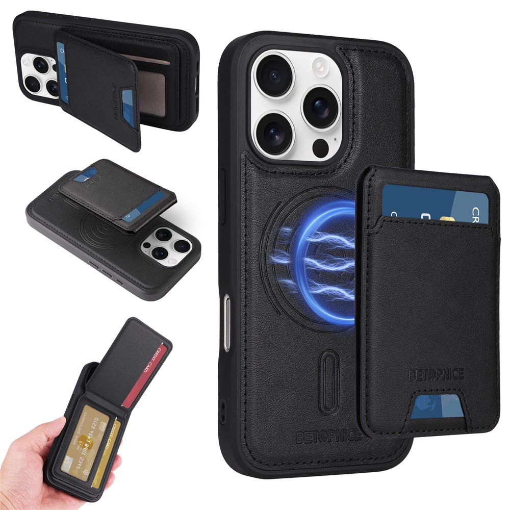 For iPhone 16 Pro Magnetic Case BETOPNICE RFID Blocking Leather Phone Back Cover with Detachable Card Bag - Black