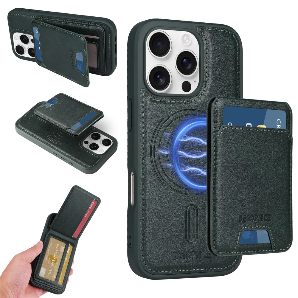 For iPhone 16 Pro Magnetic Case BETOPNICE RFID Blocking Leather Phone Back Cover with Detachable Card Bag - Green