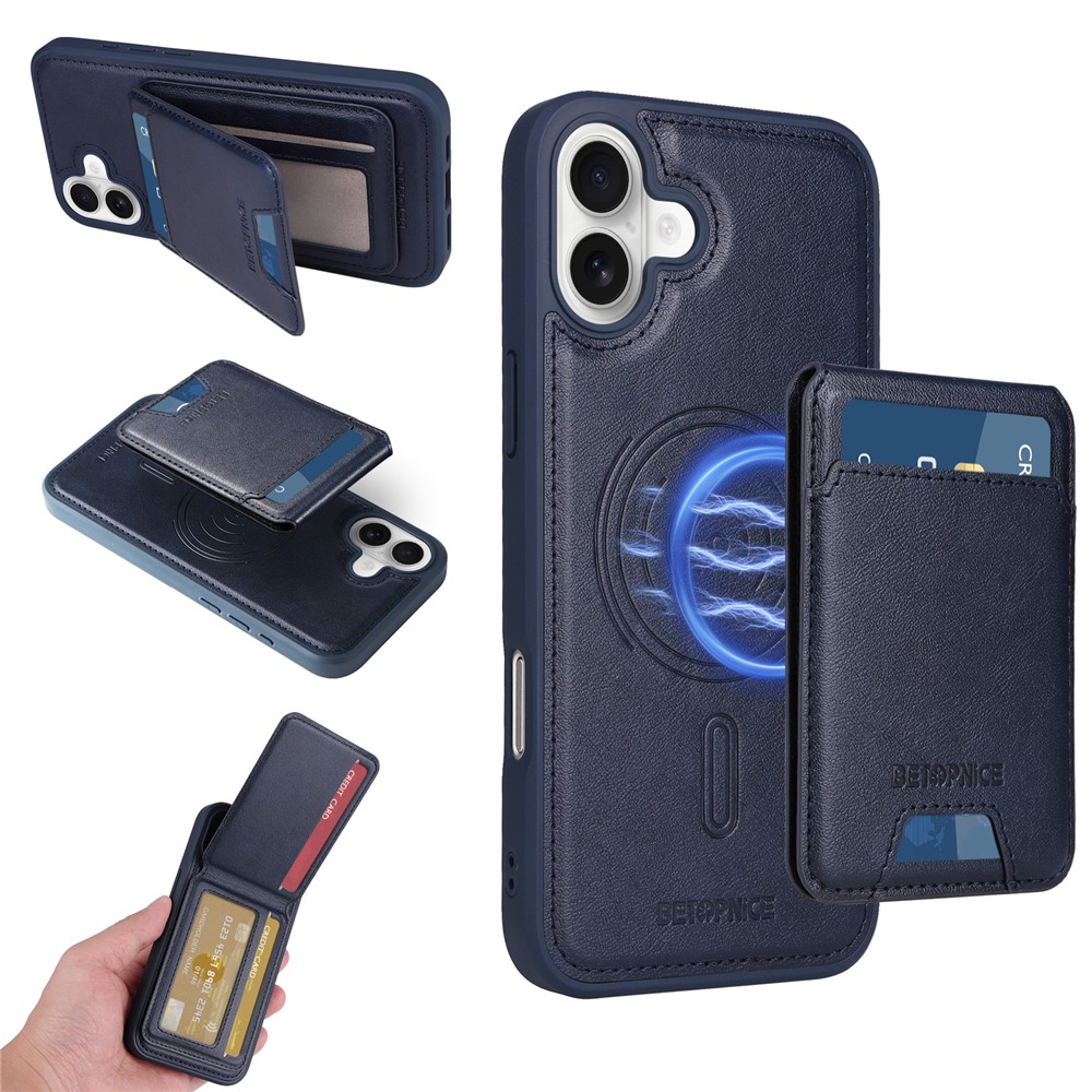 For iPhone 16 Plus Magnetic Case BETOPNICE RFID Blocking Leather Phone Back Cover with Detachable Card Bag - Blue