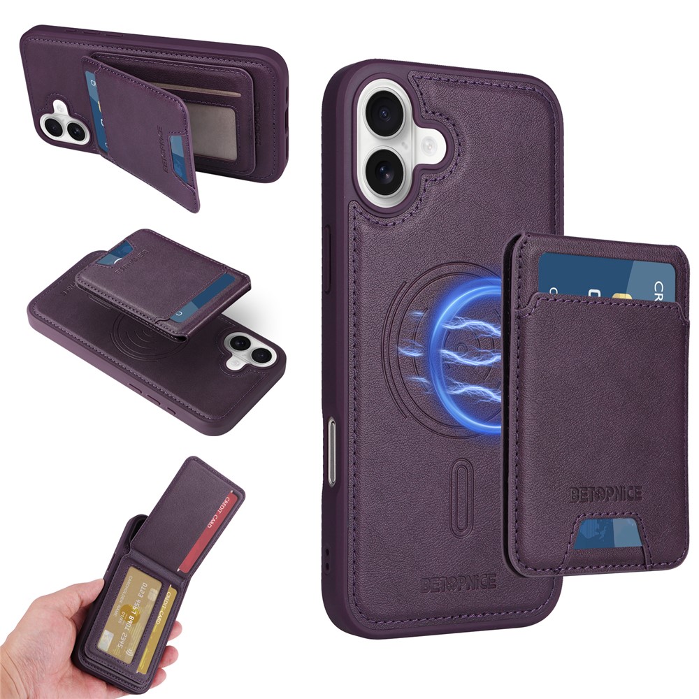 For iPhone 16 Plus Magnetic Case BETOPNICE RFID Blocking Leather Phone Back Cover with Detachable Card Bag - Purple