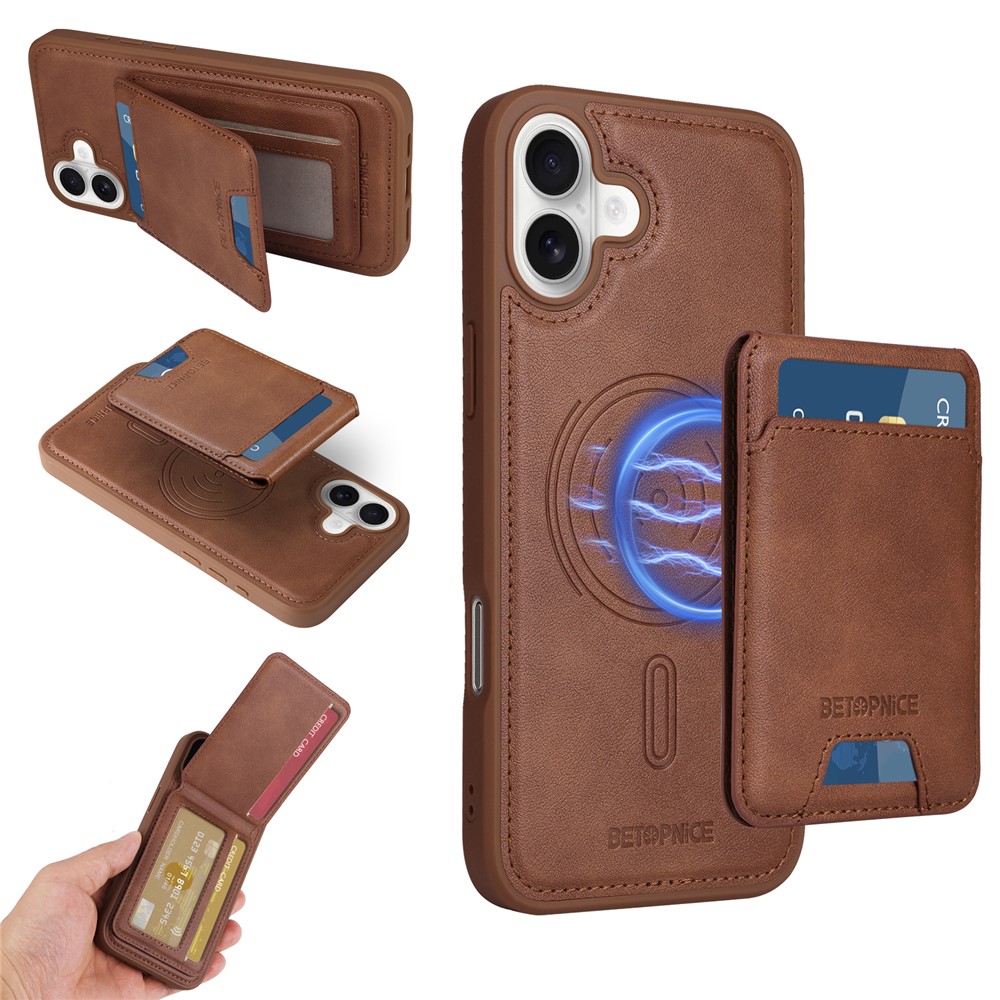 For iPhone 16 Plus Magnetic Case BETOPNICE RFID Blocking Leather Phone Back Cover with Detachable Card Bag - Brown