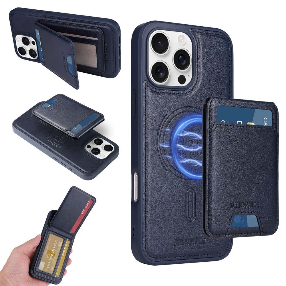 For iPhone 16 Pro Max Magnetic Case BETOPNICE RFID Blocking Leather Phone Back Cover with Detachable Card Bag - Blue