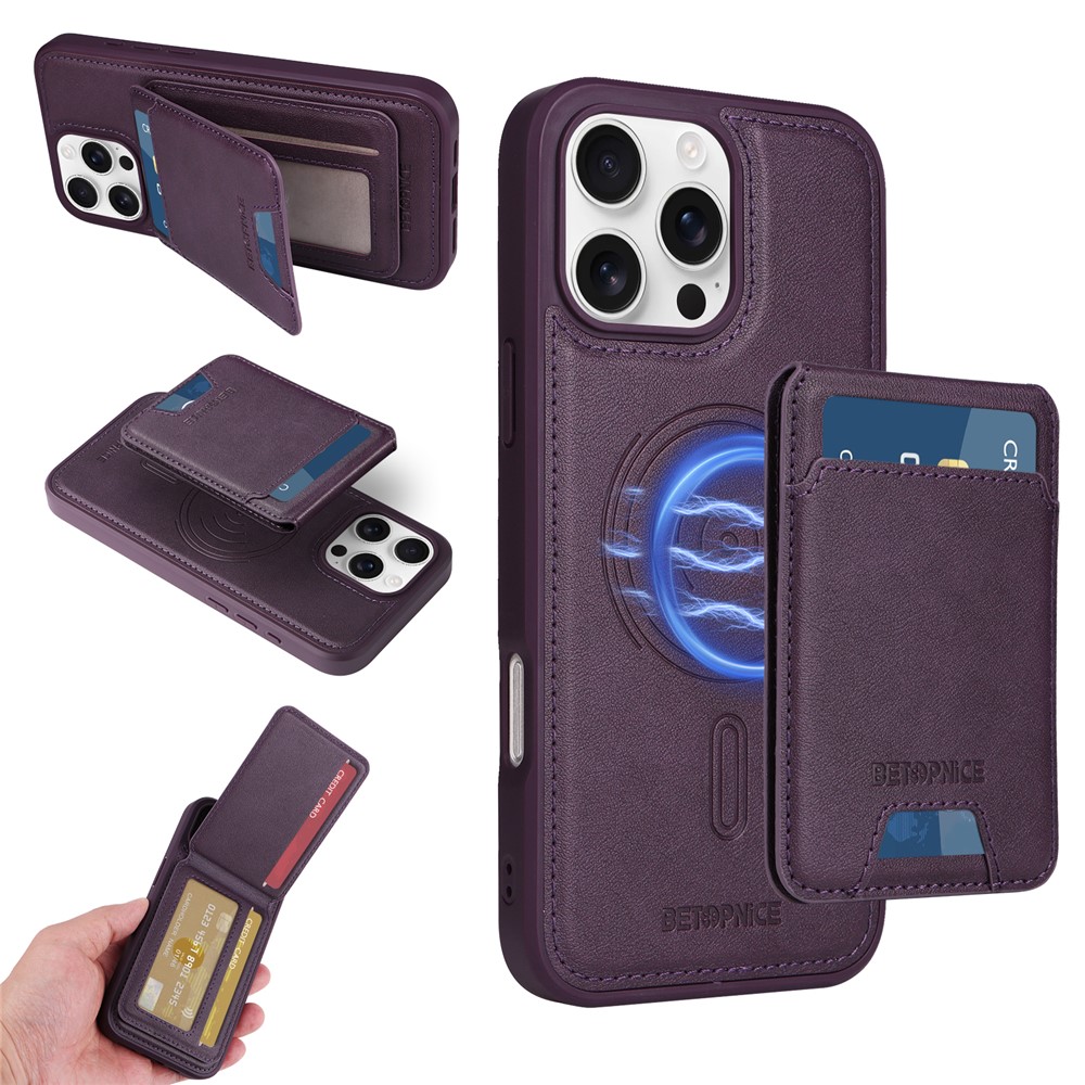 For iPhone 16 Pro Max Magnetic Case BETOPNICE RFID Blocking Leather Phone Back Cover with Detachable Card Bag - Purple