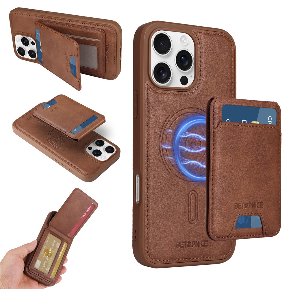 For iPhone 16 Pro Max Magnetic Case BETOPNICE RFID Blocking Leather Phone Back Cover with Detachable Card Bag - Brown