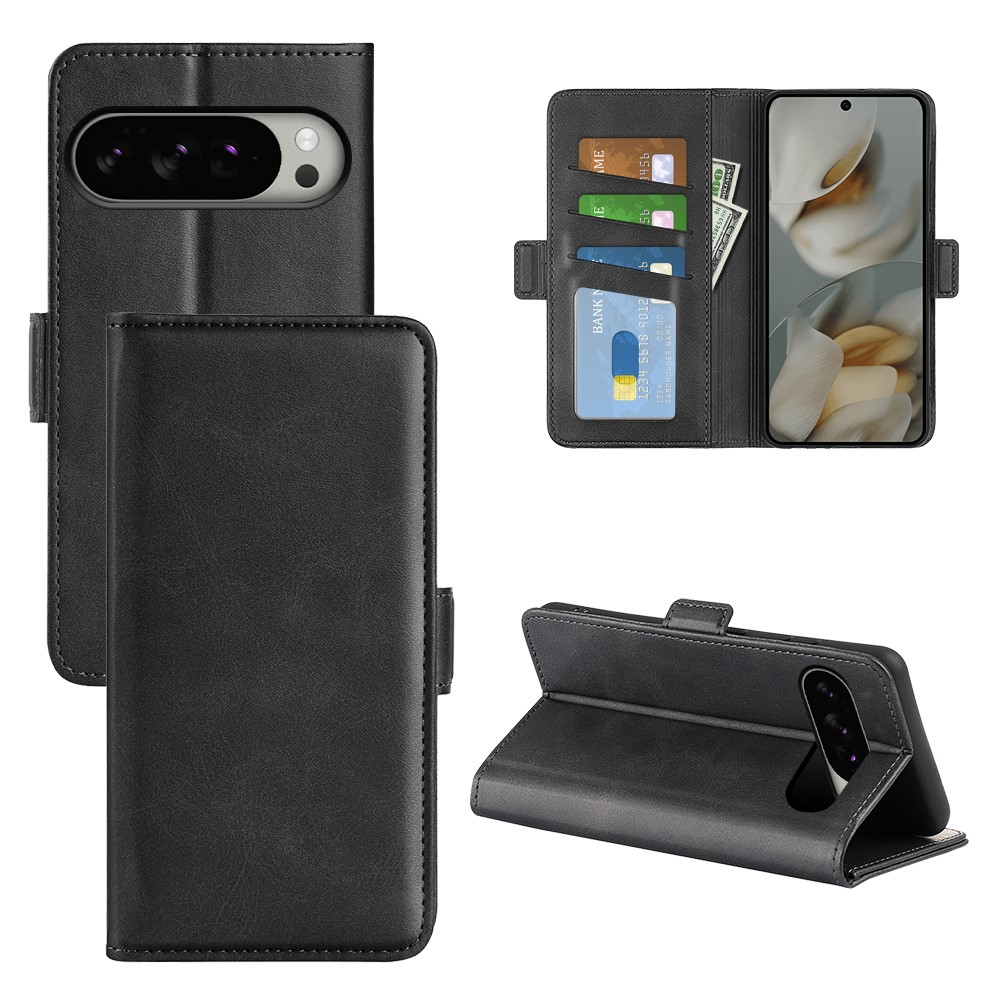 For Google Pixel 10 Pro XL Case Calf Texture Leather Wallet Phone Cover - Black