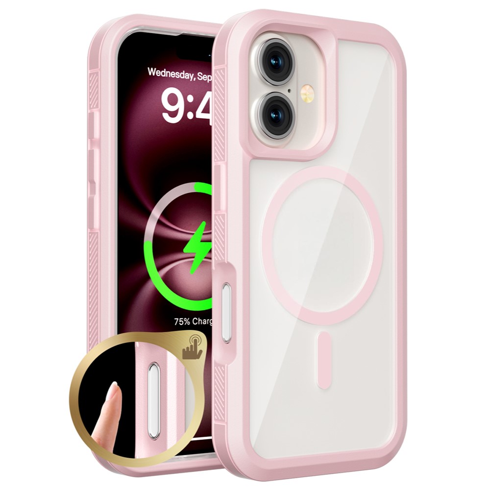 For iPhone 16 Plus Magnetic Case Translucent Detachable 2 in 1 TPU + PC Shockproof Phone Cover - Pink