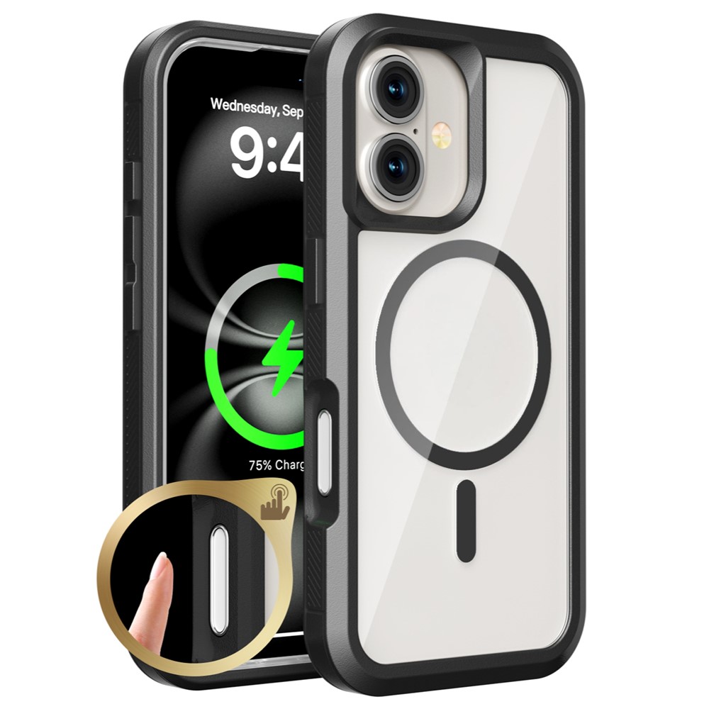 For iPhone 16 Plus Magnetic Case Translucent Detachable 2 in 1 TPU + PC Shockproof Phone Cover - Black