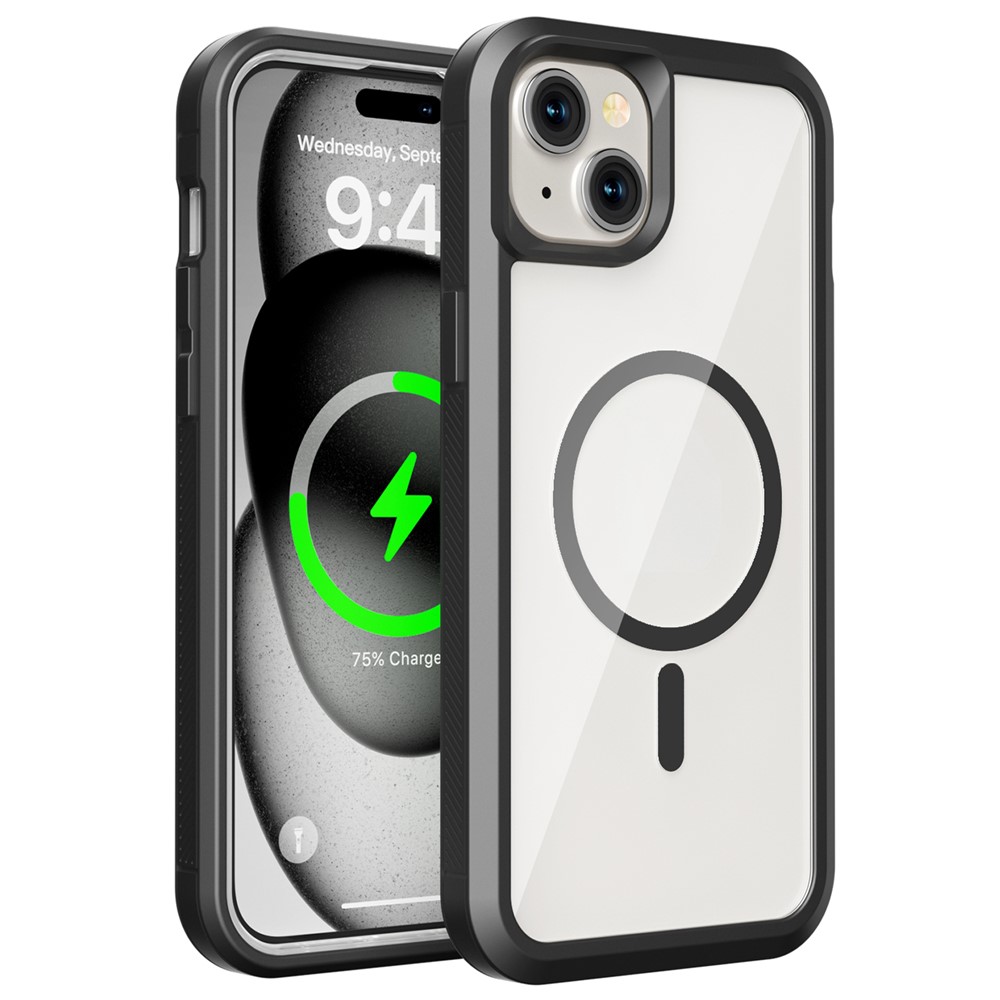For iPhone 15 Magnetic Case Translucent Detachable 2 in 1 TPU + PC Shockproof Phone Cover - Black