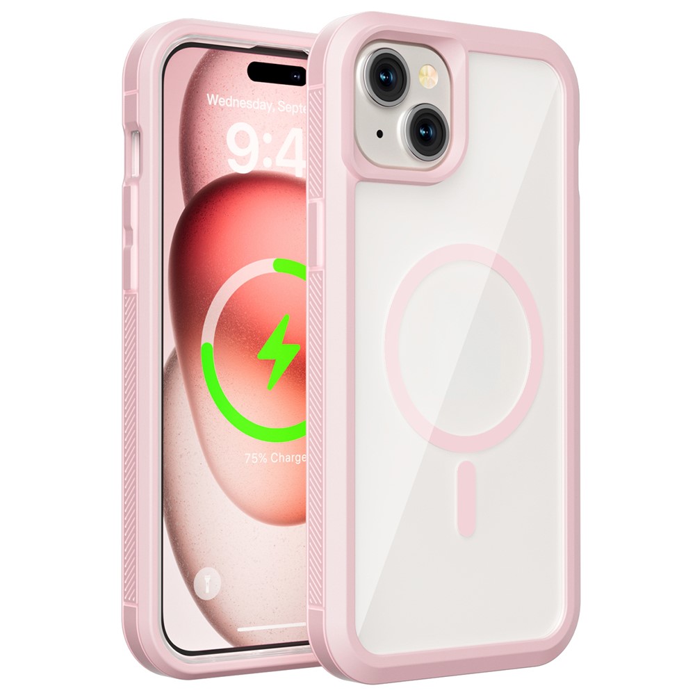 For iPhone 15 Magnetic Case Translucent Detachable 2 in 1 TPU + PC Shockproof Phone Cover - Pink
