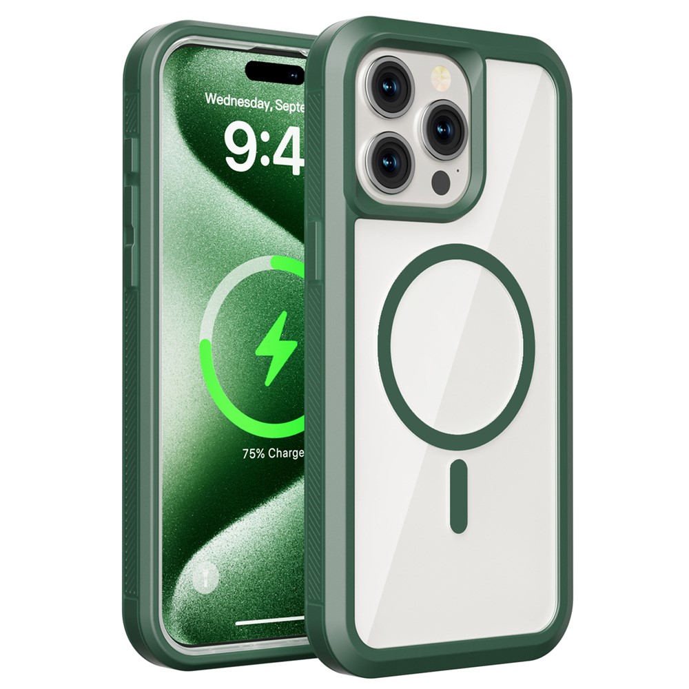 For iPhone 15 Pro Max Magnetic Case Translucent Detachable 2 in 1 TPU + PC Shockproof Phone Cover - Green