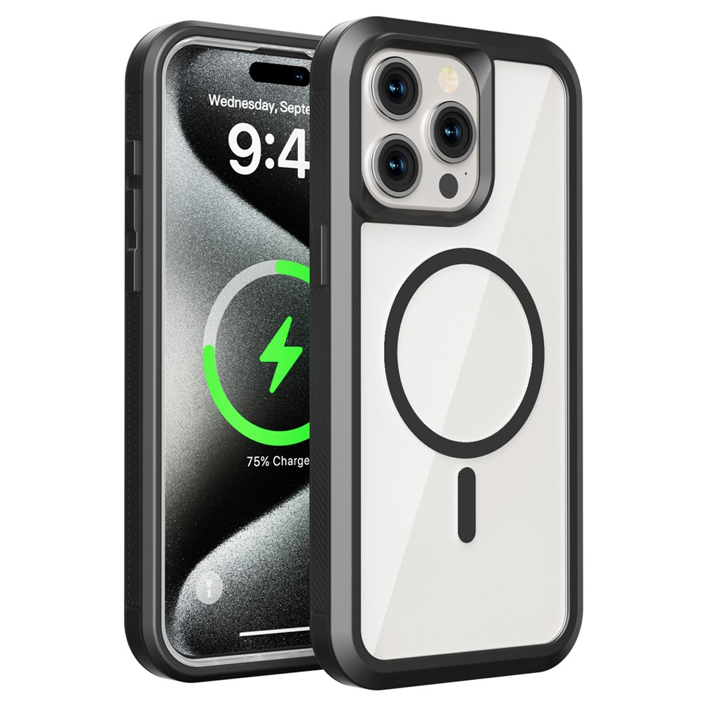 For iPhone 15 Pro Max Magnetic Case Translucent Detachable 2 in 1 TPU + PC Shockproof Phone Cover - Black