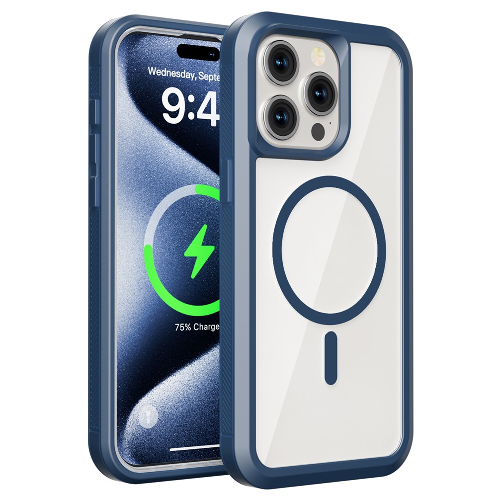 For iPhone 15 Pro Max Magnetic Case Translucent Detachable 2 in 1 TPU + PC Shockproof Phone Cover - Dark Blue