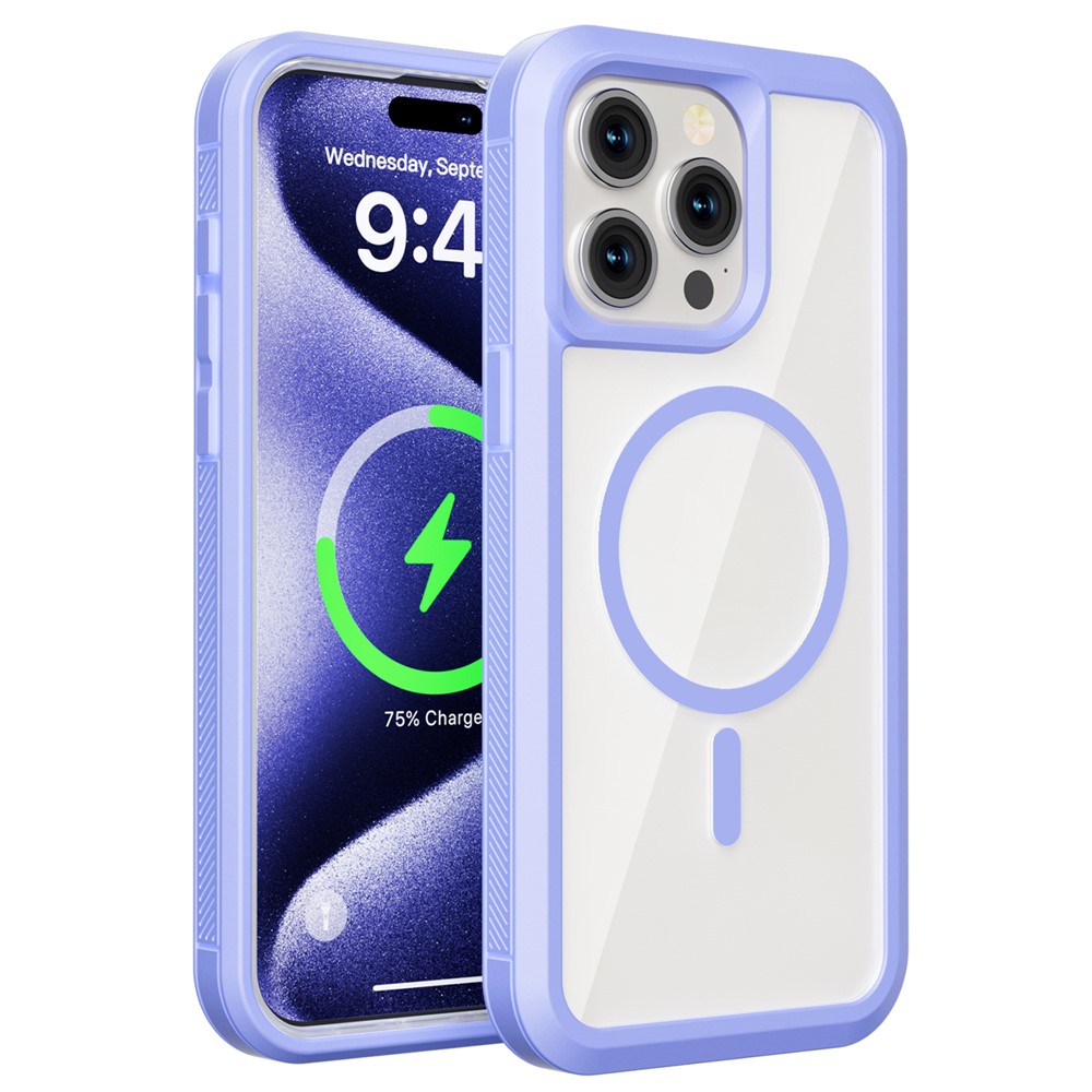 For iPhone 15 Pro Max Magnetic Case Translucent Detachable 2 in 1 TPU + PC Shockproof Phone Cover - Light Purple