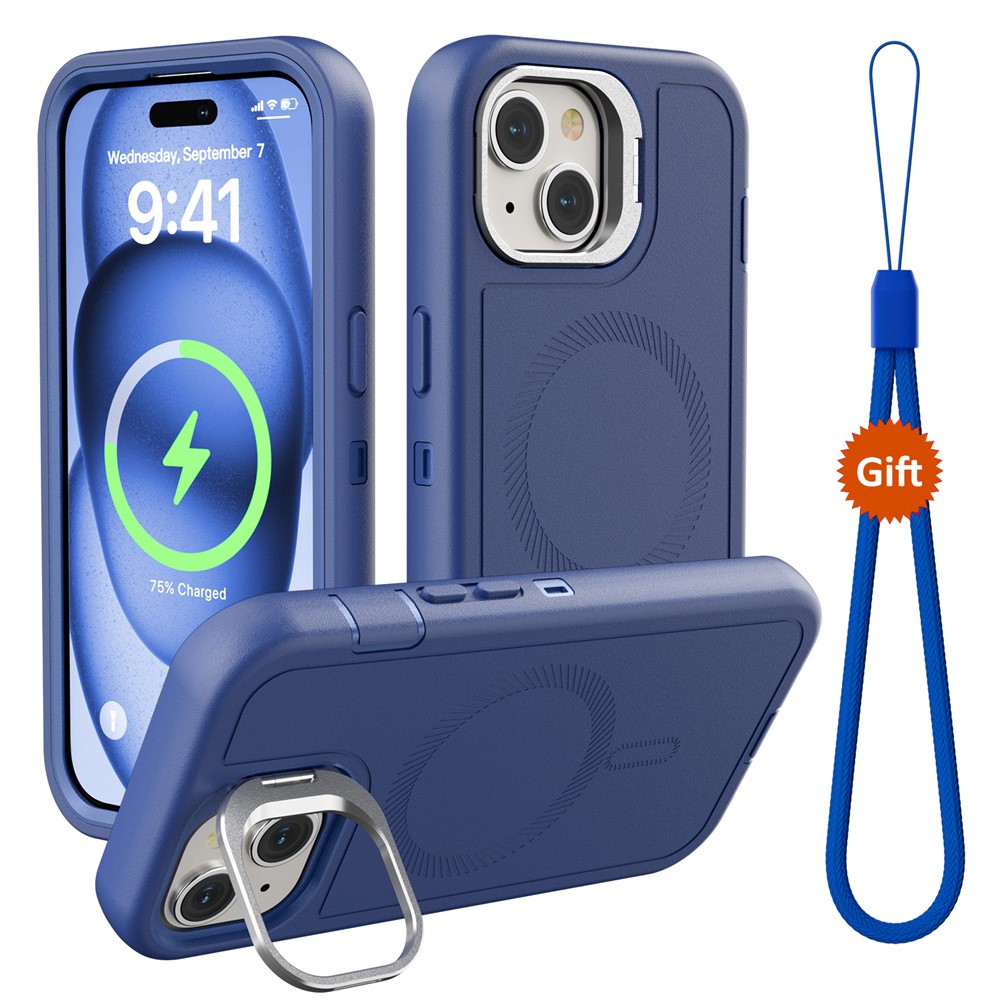 For iPhone 15 Magnetic Case Lens Kickstand 3 in 1 Detachable TPU + PC Phone Back Cover with Lanyard - Dark Blue