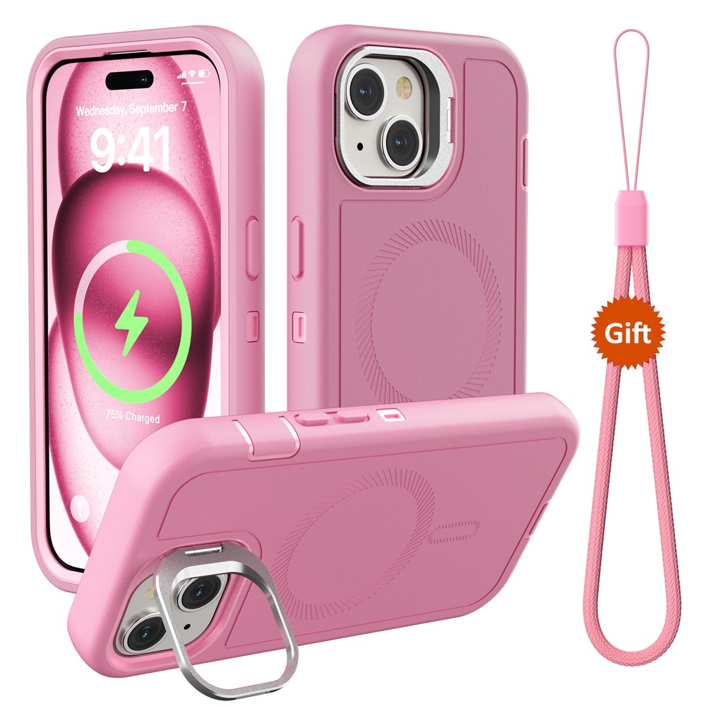 For iPhone 15 Magnetic Case Lens Kickstand 3 in 1 Detachable TPU + PC Phone Back Cover with Lanyard - Pink