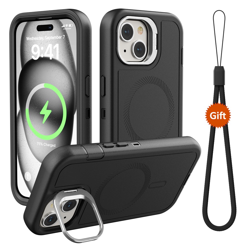 For iPhone 15 Magnetic Case Lens Kickstand 3 in 1 Detachable TPU + PC Phone Back Cover with Lanyard - Black