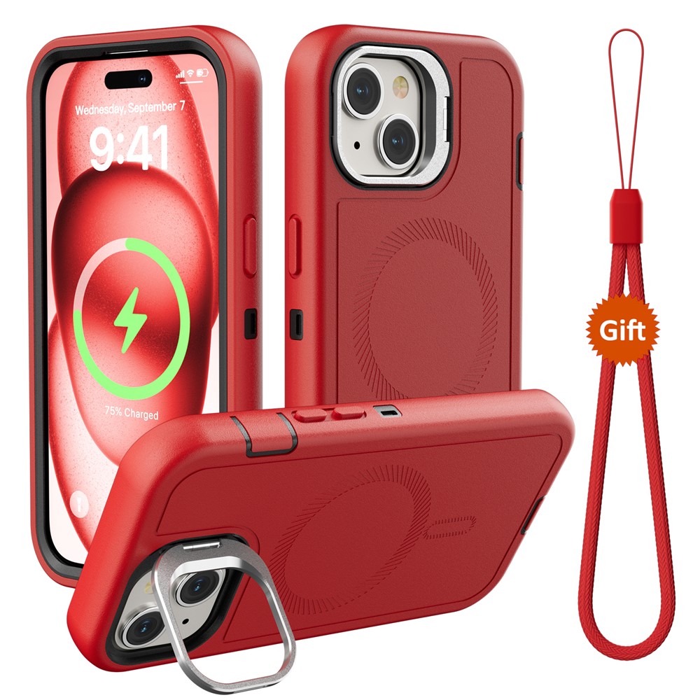 For iPhone 15 Magnetic Case Lens Kickstand 3 in 1 Detachable TPU + PC Phone Back Cover with Lanyard - Red