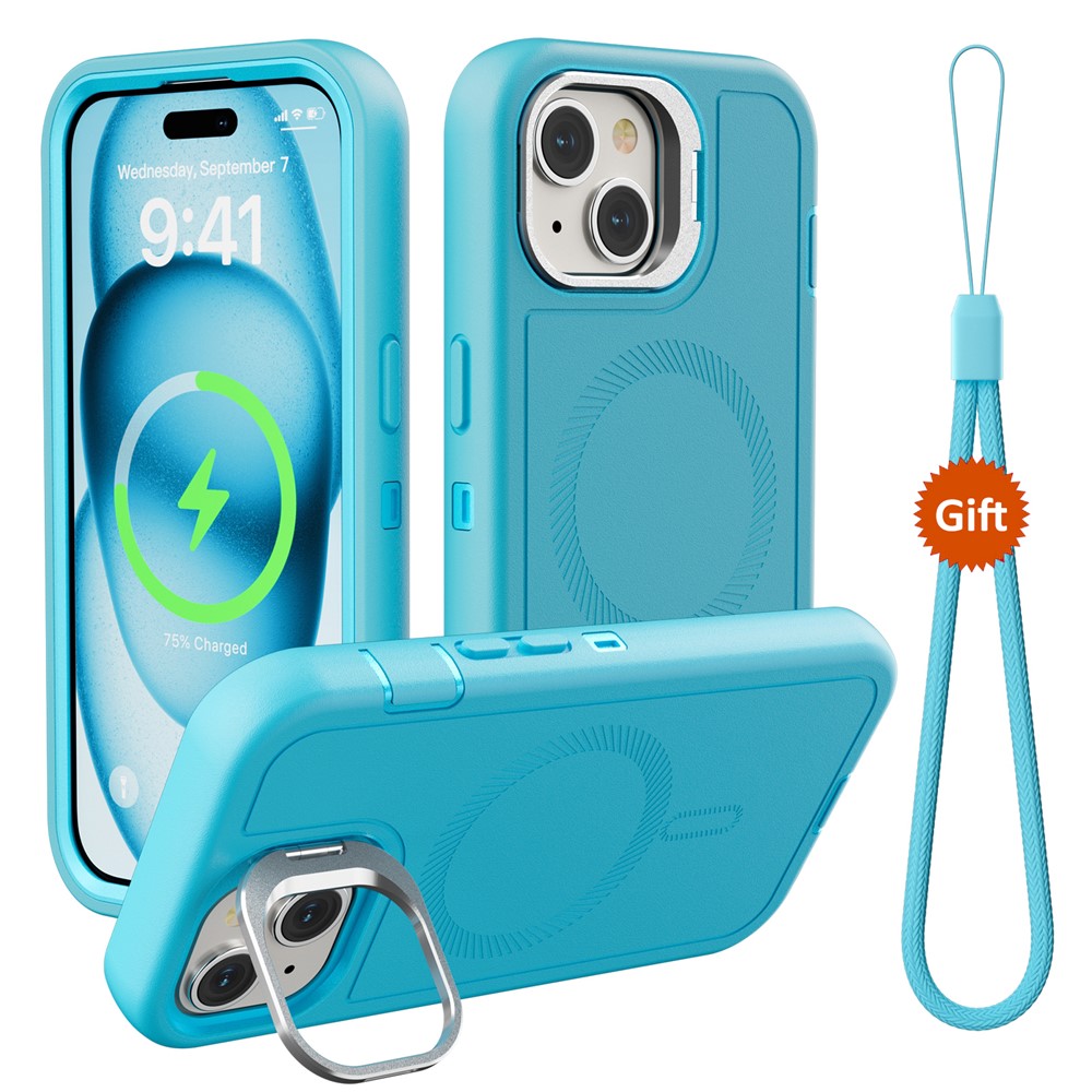 For iPhone 15 Magnetic Case Lens Kickstand 3 in 1 Detachable TPU + PC Phone Back Cover with Lanyard - Blue