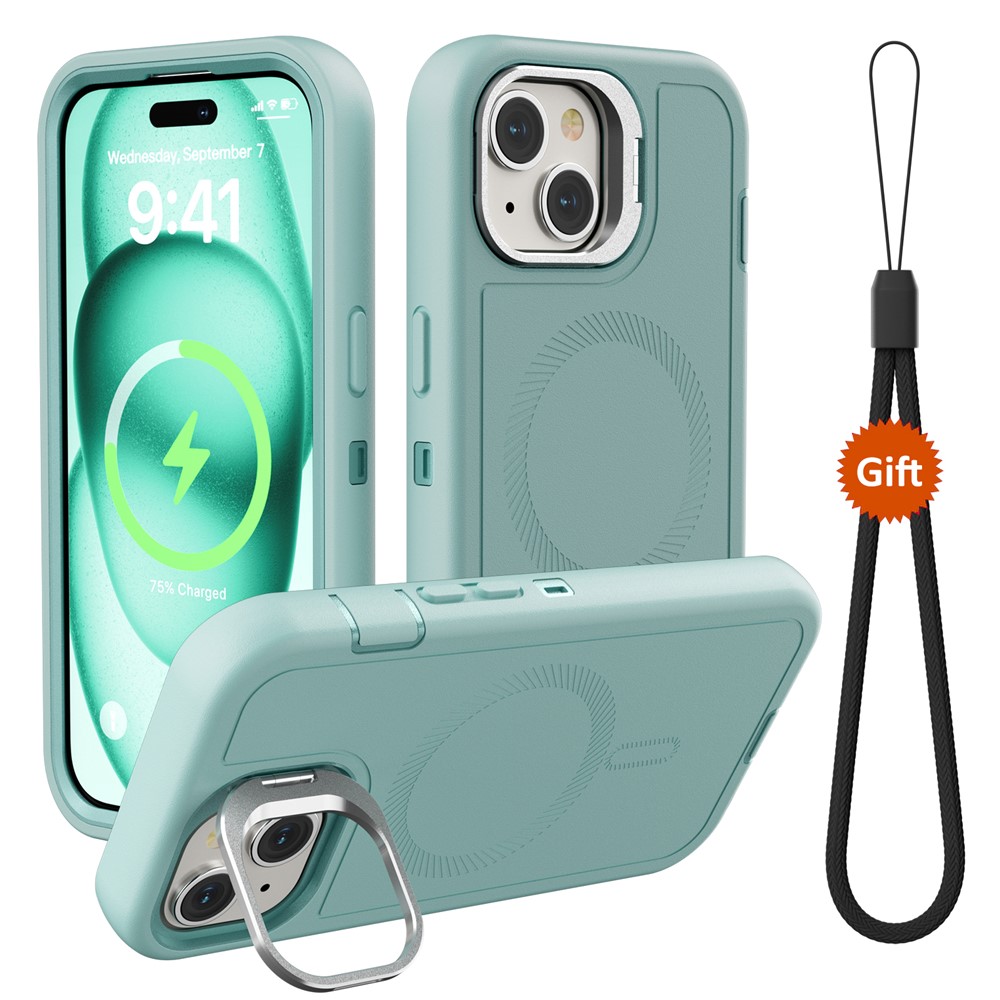 For iPhone 15 Magnetic Case Lens Kickstand 3 in 1 Detachable TPU + PC Phone Back Cover with Lanyard - Cyan