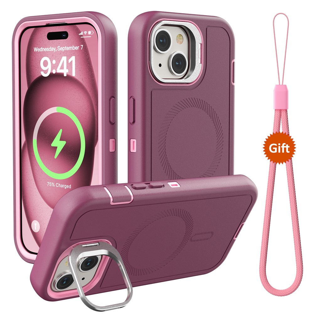 For iPhone 15 Magnetic Case Lens Kickstand 3 in 1 Detachable TPU + PC Phone Back Cover with Lanyard - Wine Red