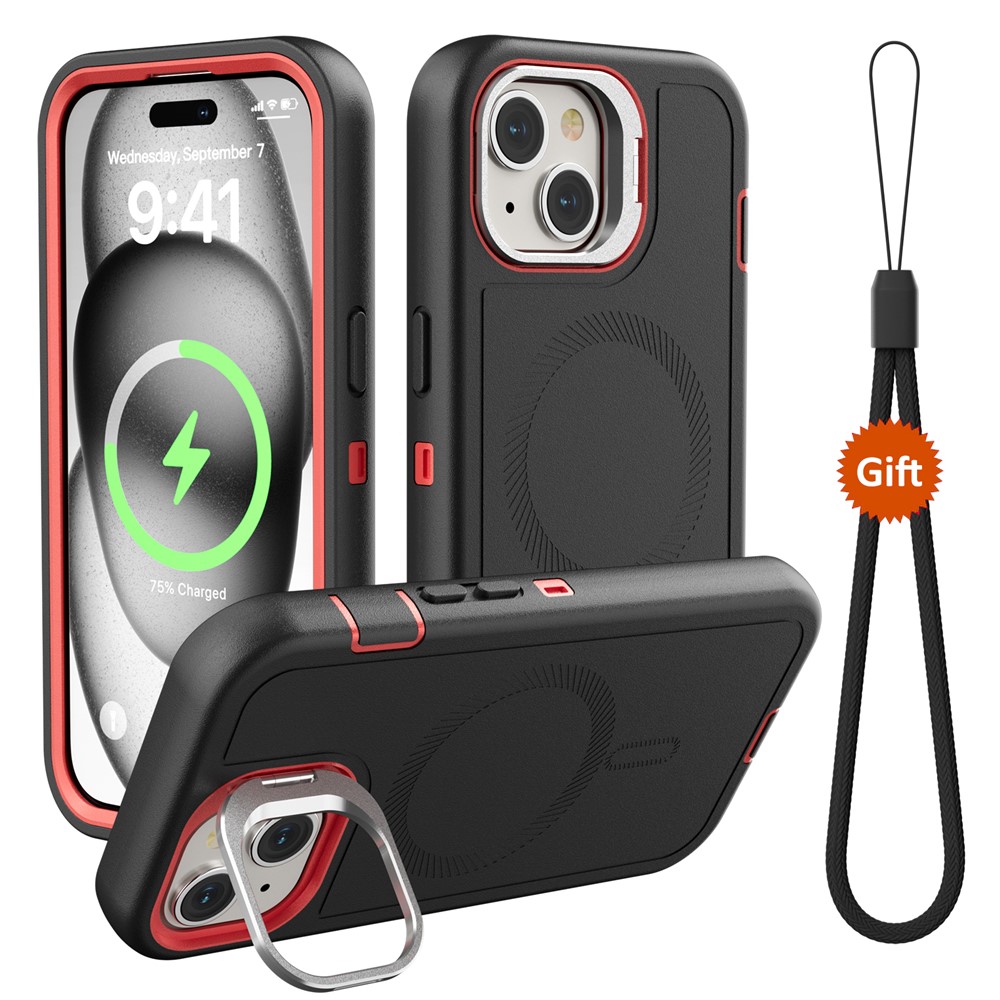 For iPhone 15 Plus Magnetic Case Lens Kickstand 3 in 1 Detachable TPU + PC Phone Back Cover with Lanyard - Black  /  Red