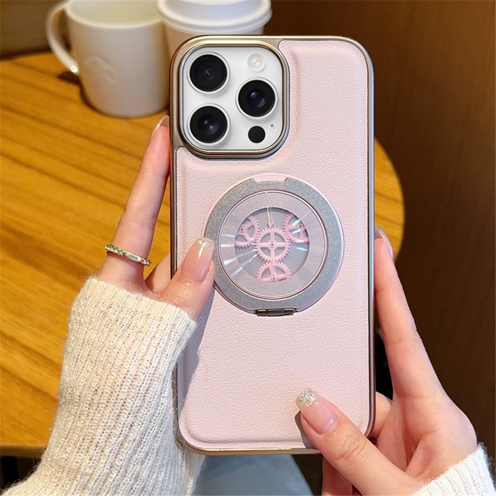 For iPhone 15 Pro Max Magnetic Case Rotating Kickstand Gear Stress Relief Leather Phone Back Cover - Pink