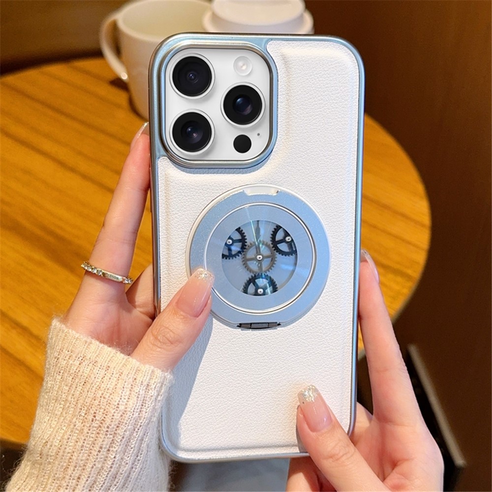 For iPhone 14 Pro Max Magnetic Case Rotating Kickstand Gear Stress Relief Leather Phone Back Cover - White
