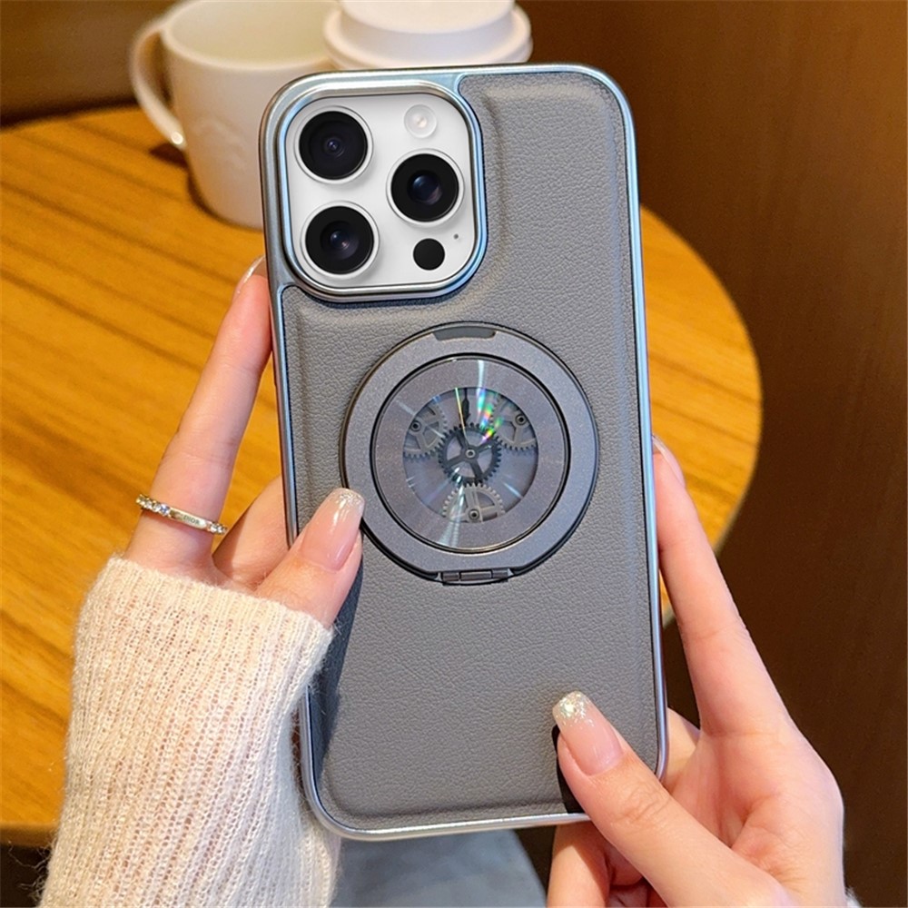 For iPhone 14 Pro Max Magnetic Case Rotating Kickstand Gear Stress Relief Leather Phone Back Cover - Grey