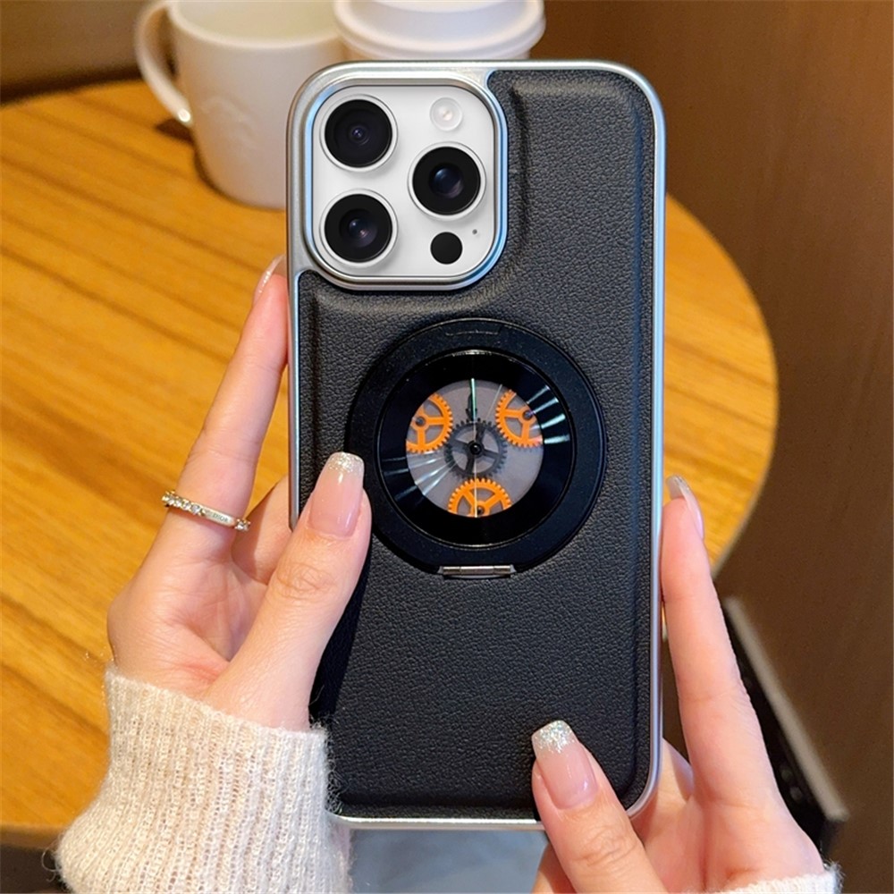 For iPhone 14 Pro Magnetic Case Rotating Kickstand Gear Stress Relief Leather Phone Back Cover - Black