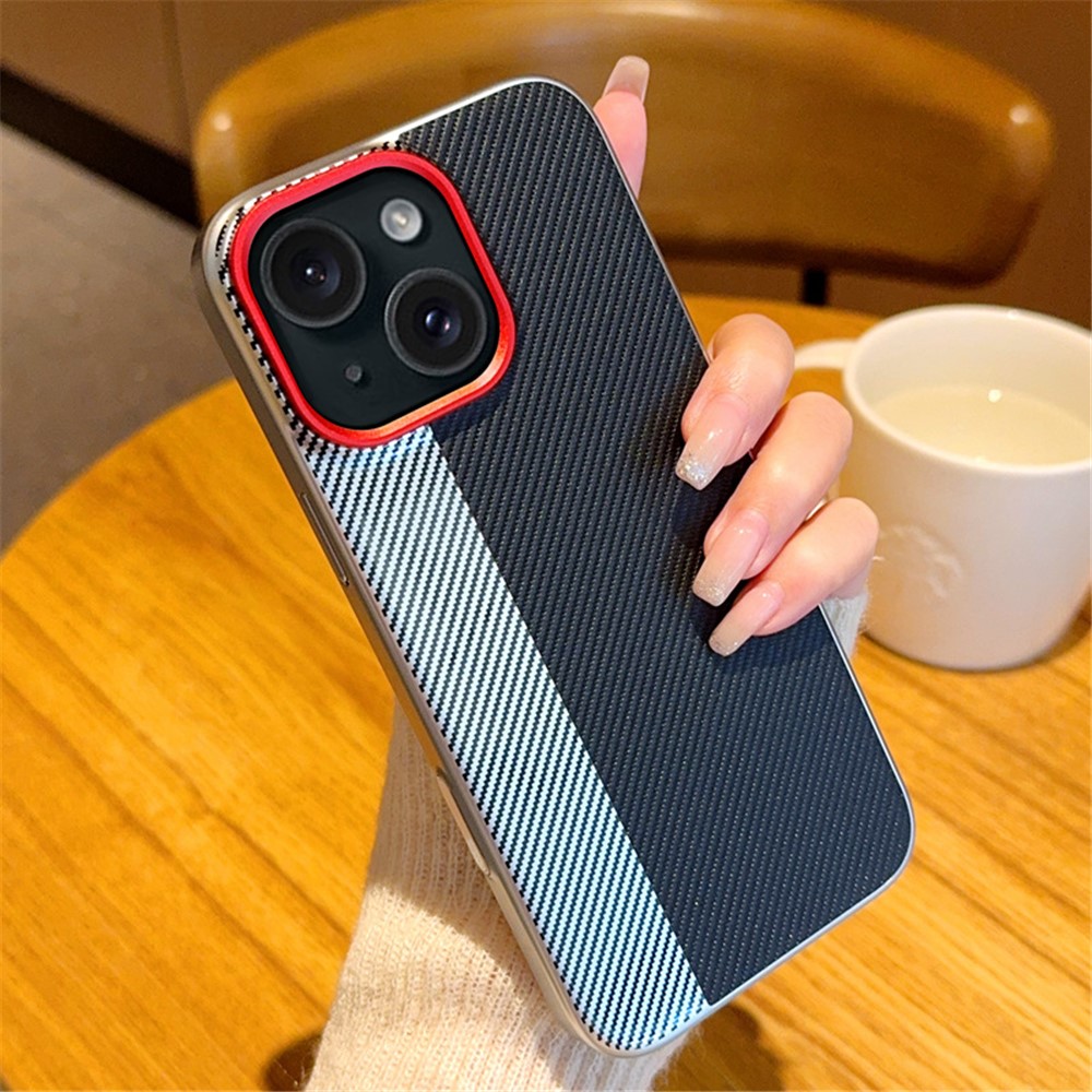 For iPhone 15 Case Camera-Style Carbon Fiber Texture Leather + PC Phone Cover