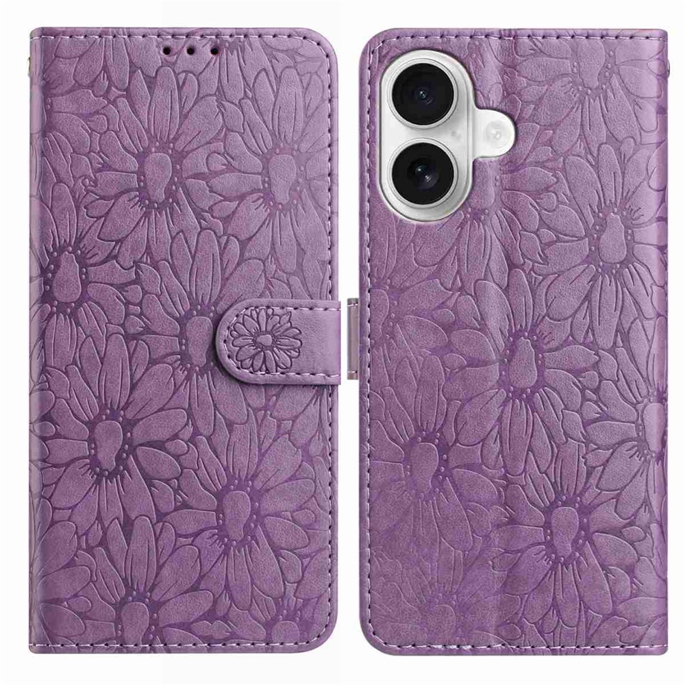 For iPhone 16 Plus Leather Case Daisy Imprint Wallet Stand Phone Protective Cover - Light Purple