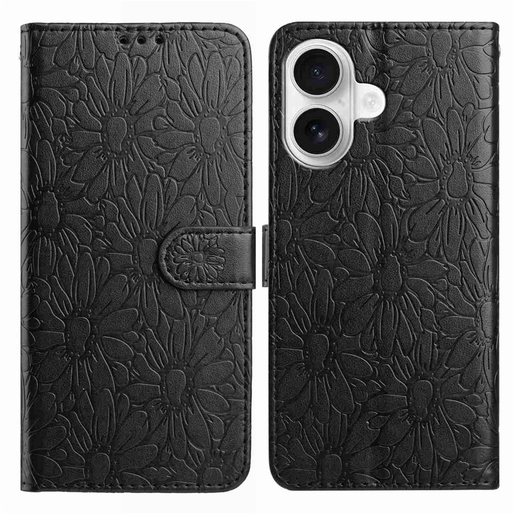 For iPhone 16 Plus Leather Case Daisy Imprint Wallet Stand Phone Protective Cover - Black