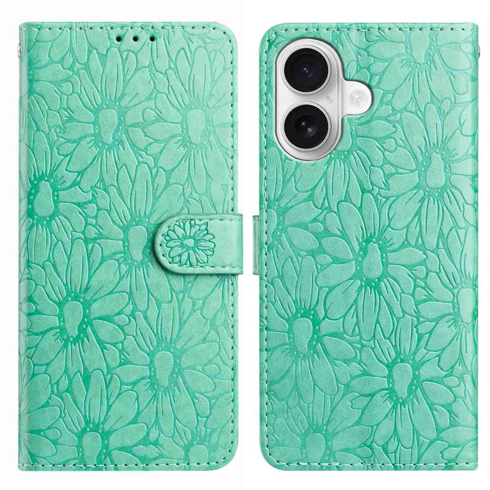 For iPhone 16 Plus Leather Case Daisy Imprint Wallet Stand Phone Protective Cover - Green
